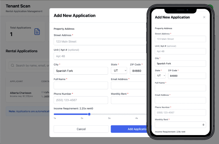Landlord dashboard showing Send Invitation button with applicant email field